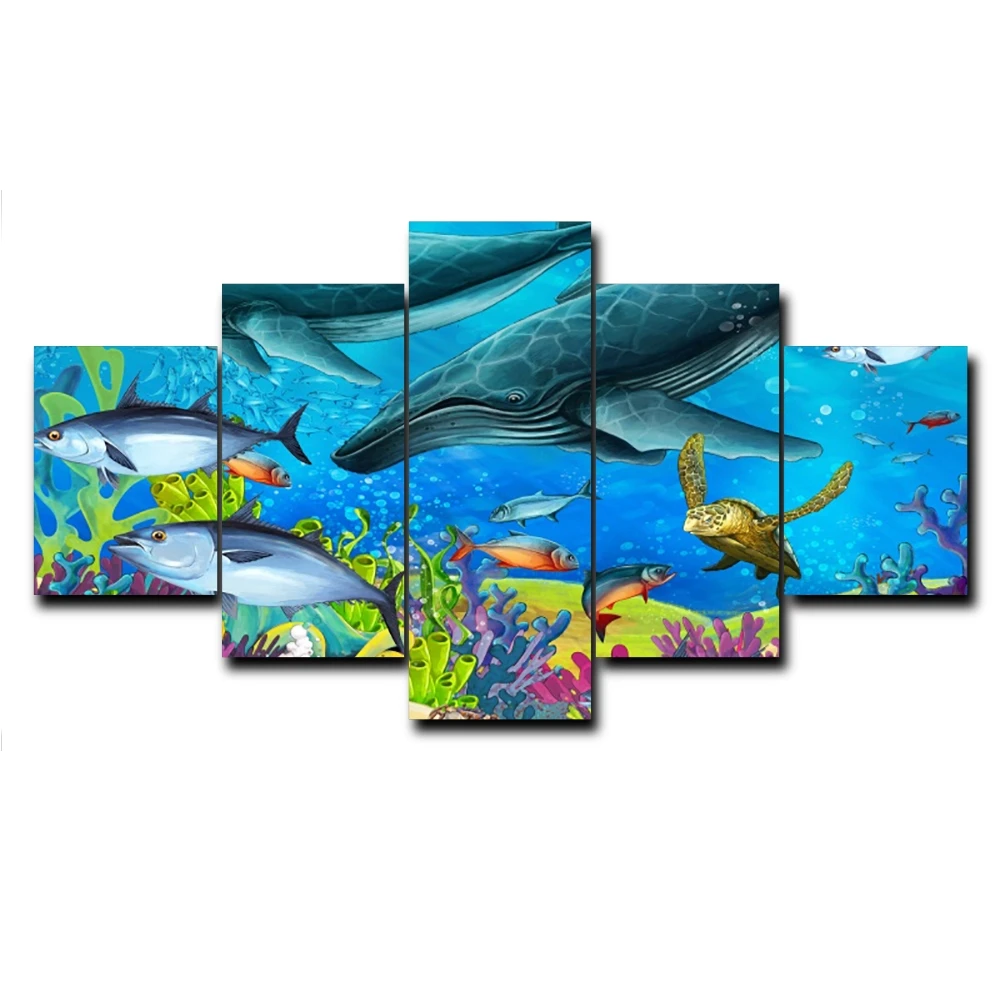 

5 Panel Decorative Picture Underwater World Fish Shark Posters and Prints Canvas Painting for Living Room Home Decor No Frame