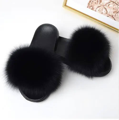 preço 2018 Chinelos Peludos das Mulheres Das Senhoras Bonito Cabelo Raposa de Pelúcia Chinelos Macios Chinelos de Pele das Mulheres Inverno Quente Chinelos para mulheres Quente
