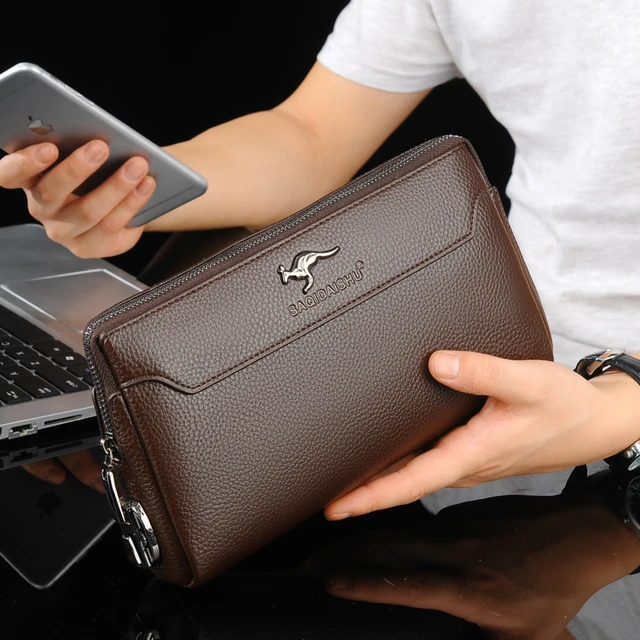 KANGAROO Brand Men Clutch Bag Fashion Leather Long Purse Double Zipper  Business Wallet Black Brown Male Casual Handy Bag - AliExpress