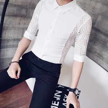 

2019 premium brand Fashion men's summer Hollow out casual short-sleeved shirt/Male lapel slim Club style Business shirt S-3XL