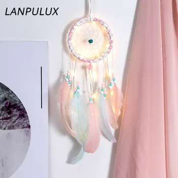 

Lanpulux Colorful Dreamcatcher Night Lights Girl Style Bedroom Decor Hanging Lamp Feather Woven Ornaments Lighting Romantic Gift