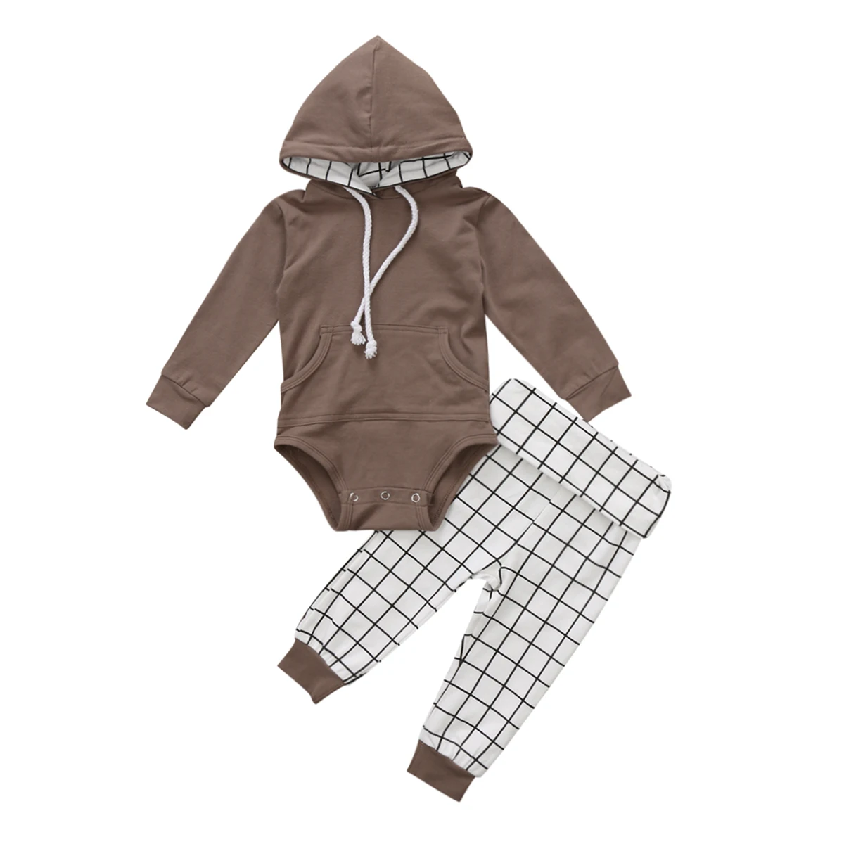 

Khaki Plaids Coffee Newborn Infant Baby Boy Autumn Warm Hooded Outfits Clothes Tops Romper+Pants Set