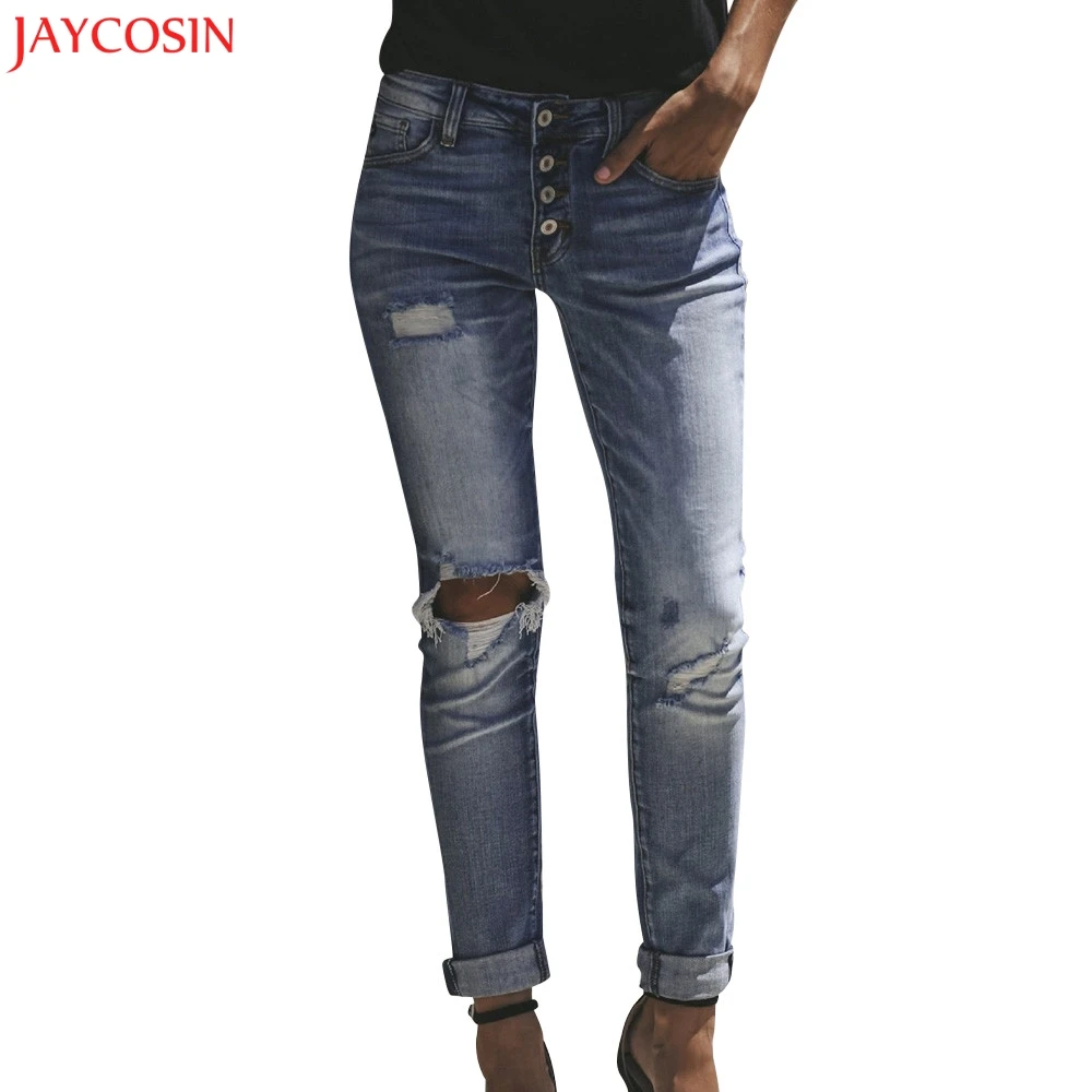 JAYCOSIN S-2XL Для женщин джинсы высокой талией отверстие узкие джинсовые обтягивающие брюки до середины икры Slim-fit Denim расклешенные синие джинсы