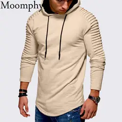 Moomphya с капюшоном Уличная толстовки пуловер плиссированные полосатый рукав хип хоп для мужчин свитер тонкий пальто