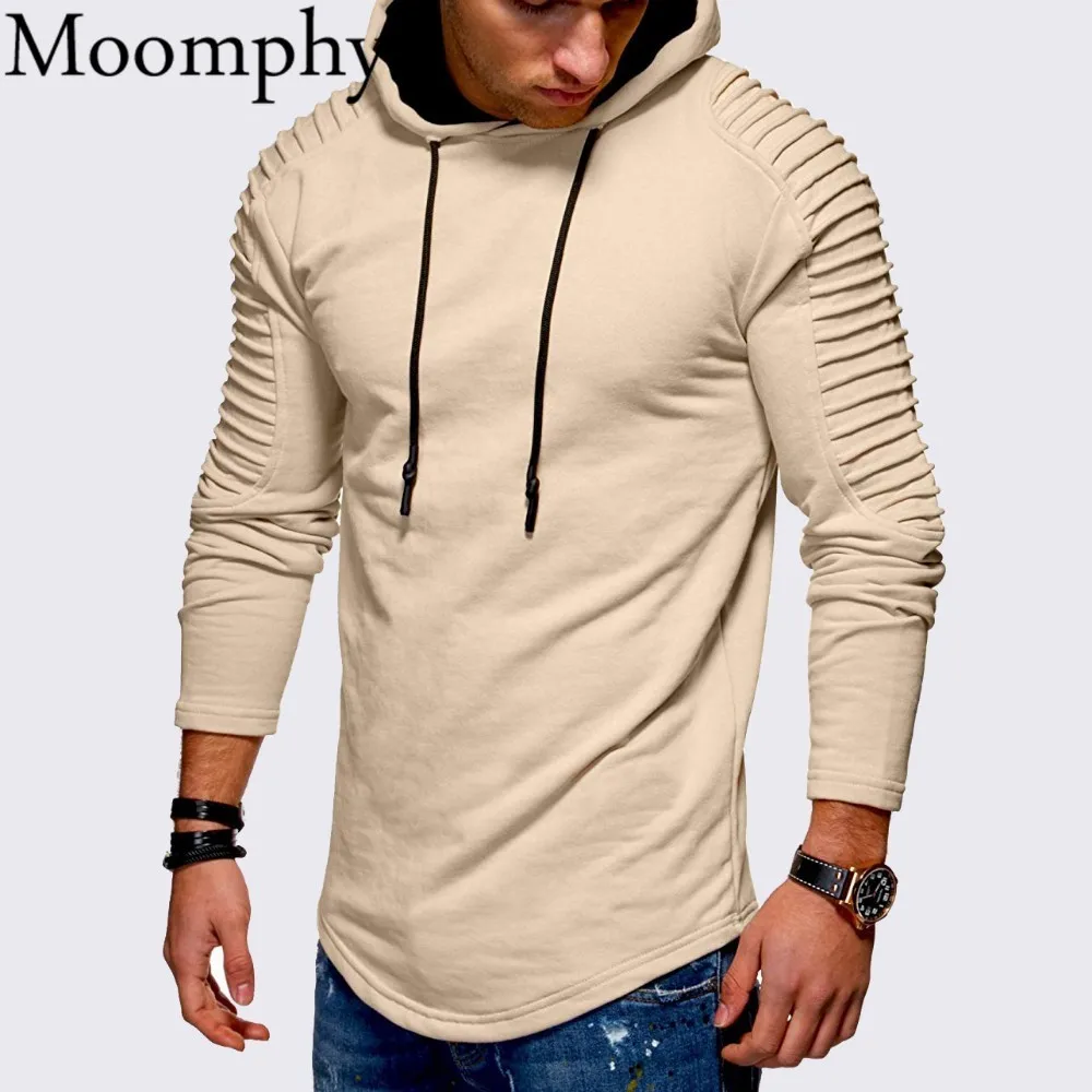 

Moomphya Hooded streetwear Hoodies Pullover Pleated striped sleeve hip hop men hoodie sweatshirt Slim men coat