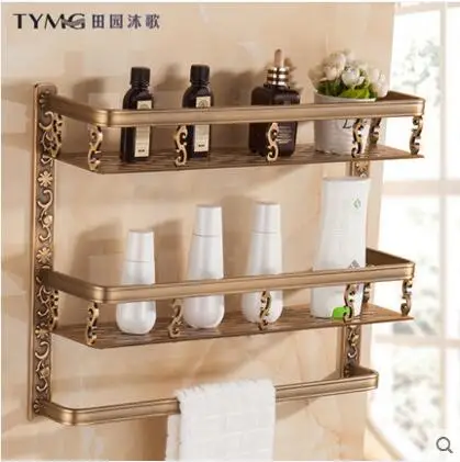 

European style antique bathroom rack towel rack vintage storage rack with a double carved wooden basket with towel bar
