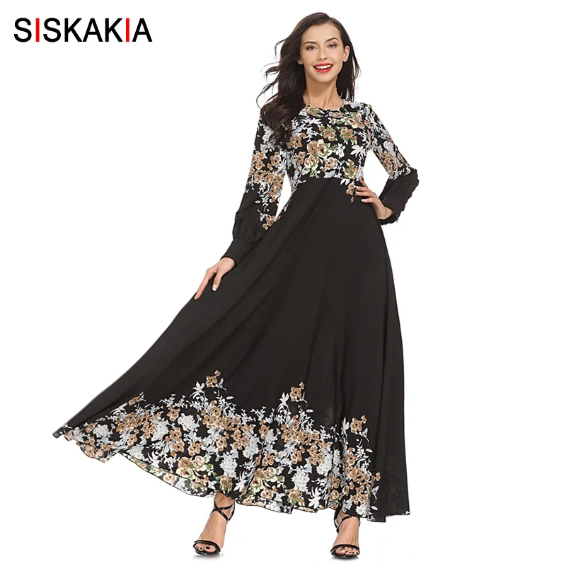 Siskakia Spring Autumn 2018 maxi dresses Vintage print slim A line swing dress Muslim Dubai Hui Nationality party clothing Pink Siskakia Spring Autumn 2018 maxi dresses Vintage print slim A line swing dress Muslim Dubai Hui Nationality party clothing Pink
