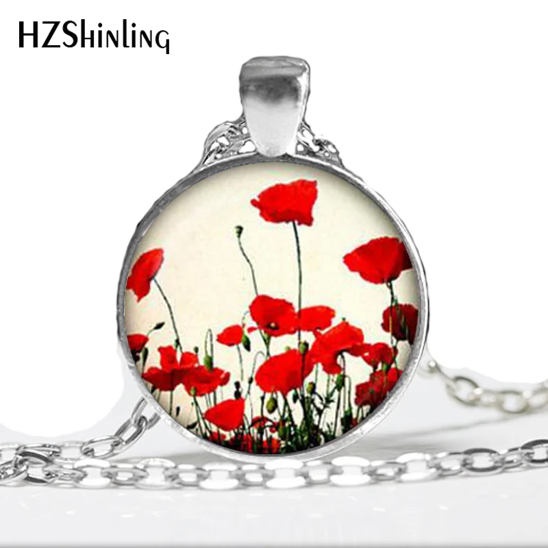 

Poppy Pendant Poppy Necklace Red & White Flower Jewelry Nature Pendant Glass Cabochon Necklace Poppy Jewelry HZ1