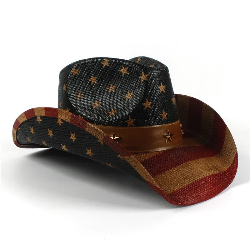 USA American Flag Straw Beach Sun Hat For Women Men Summer Western Roll