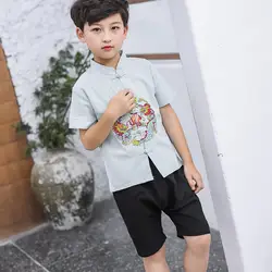 Национальный стиль дети короткий рукав Тан костюм Китайский традиционный Дракон вышивка для мальчиков сценическое шоу Hanfu одежда