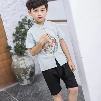 

National Style Children Short Sleeve Tang Suit Chinese Traditional Costume Dragon Embroidery Boys Stage Show Hanfu Clothing