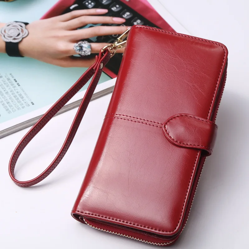 Женский кожаный бумажник наивысшего качества, многофункциональный Женский кошелек, длинный большой вместительный кошелек с отделением для карт - Цвет: Красный