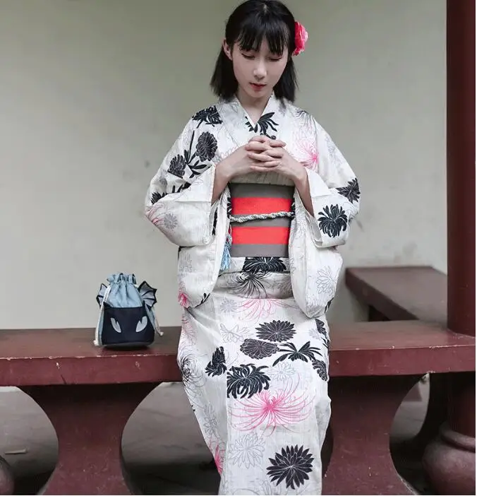 Japanese Standard kimono bathrobe suits traditional summer sacrifice Dress Lady Linen formal modified version kimono Beige Blue