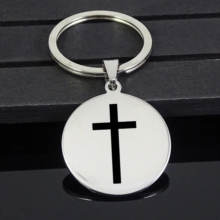 

Cross Round Keychain New Arrival Stainless Steel Engrave Disc Keyring Jewelry Best Gift For Friend Accept Drop Shipping YP6747