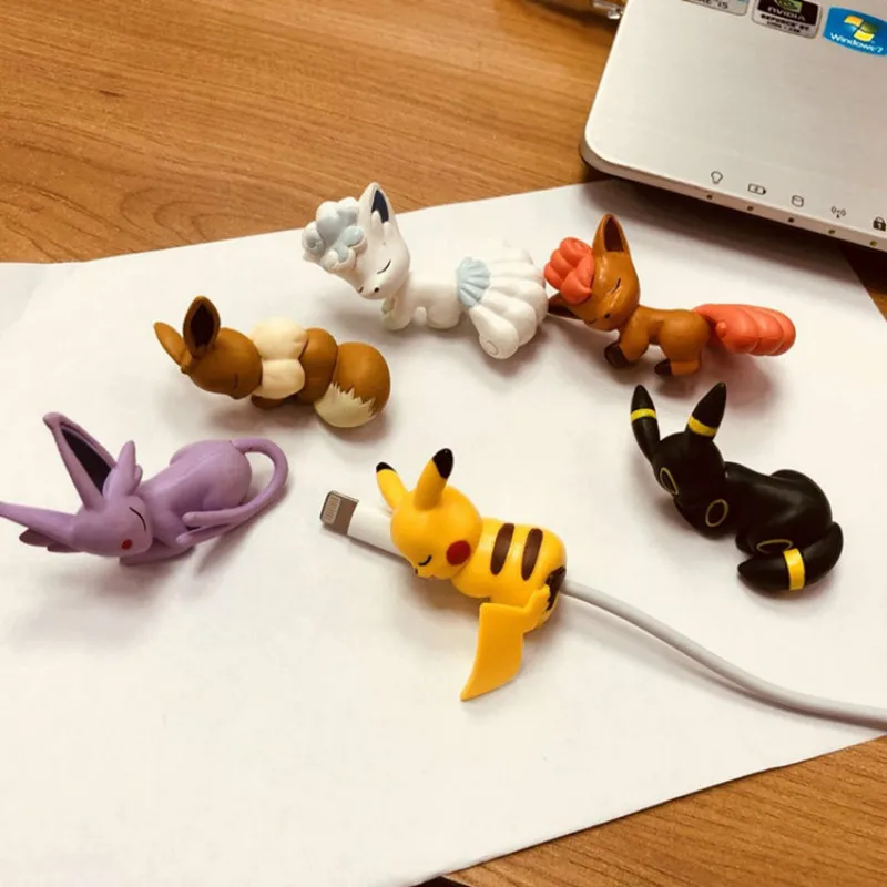 6 шт. мини-кабель укус животное кабель протектор для IPhone Android игрушки маленький Pet Shop Eevee Meowth Snoelax игрушки для детей