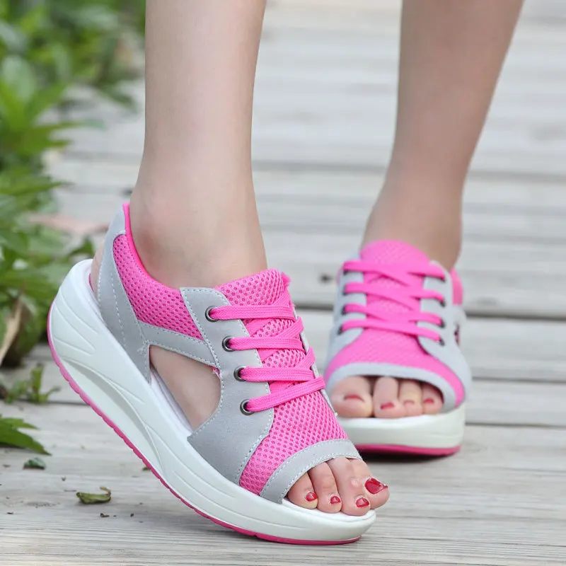 Women Sandals Fashion Platform Summer Shoes Women Mesh Lace Up Beach Canvas Shoes Muffin Bottom chunky sandals Wedges Female