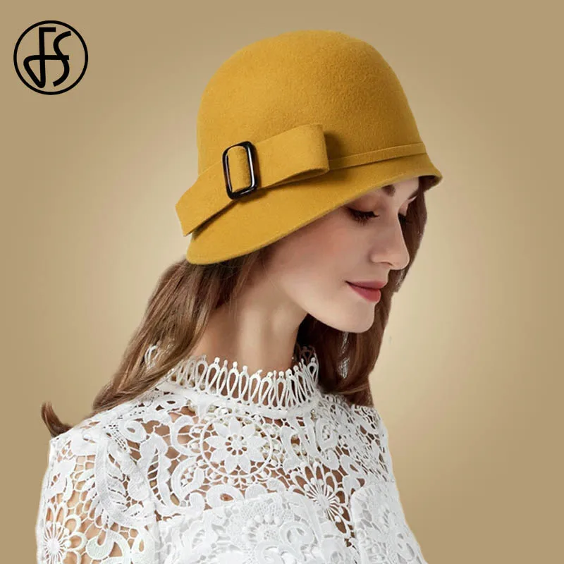 Comprare FS Vintage Nero di Feltro delle Lane Cloche Cappello Con Bowknot Wide Brim Bowler Inverno Cappelli stile Fedora e borsalino Delle Signore Giallo Blu Floppy Derby Cappelli cap