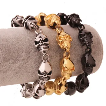 

Top Design Punk Stainless Steel Silver Color/Gold Color/Black Skull Head Biker Chain Jewelry Men Wristband Bracelet8.66"*15mm