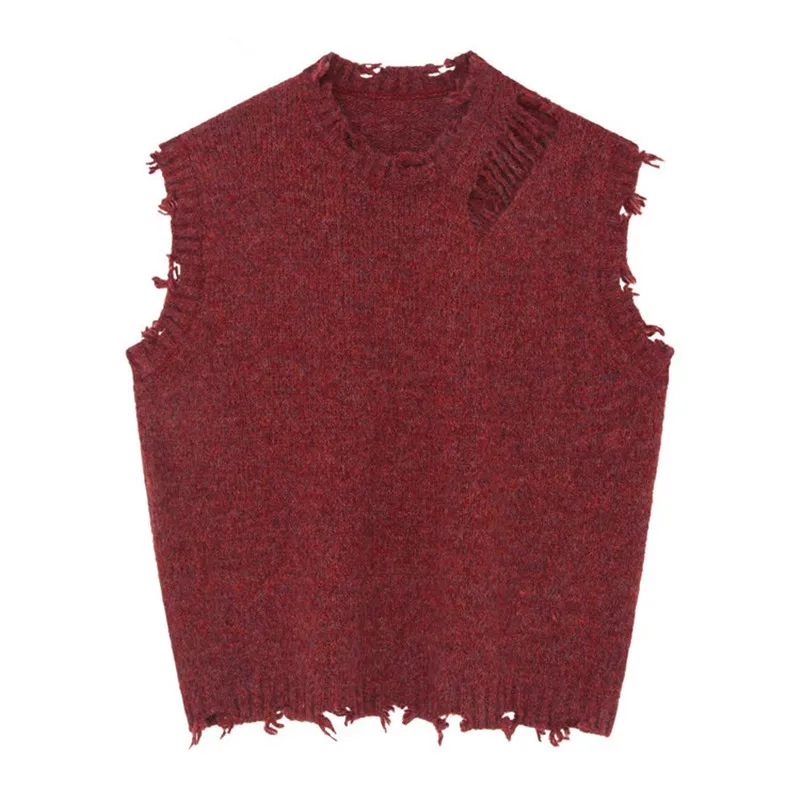 2019 Spring Harajuku BF Tassel Hole Vest Sleeveless Sweater Vintage Woman V neck Loose Waistcoat Knitting Cardigan Knitwear