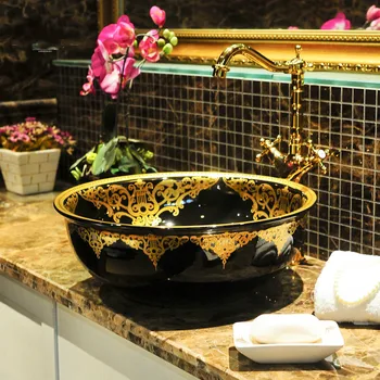 

China Artistic Handmade Art wash basin Ceramic Counter Top Wash Basin Bathroom Sinks washing basin counter black color with gold