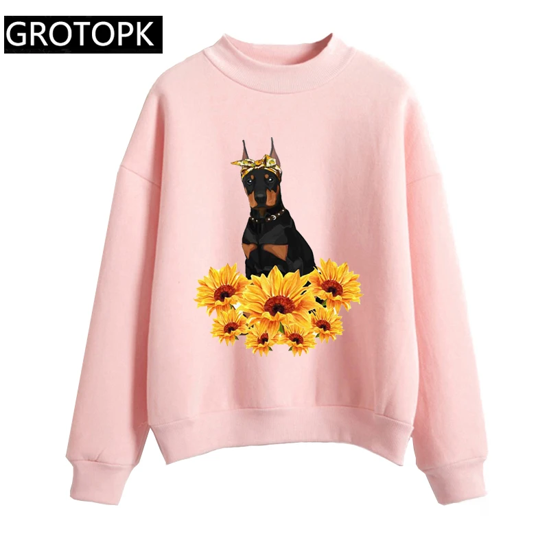 Модные худи с подсолнухом для женщин Harajuku топы осень длинный рукав Doberman Печать Повседневная Толстовка женская уличная белая и розовая