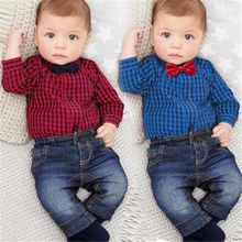 Одежда для маленьких мальчиков Ползунки в клеточку с длинными рукавами+ джинсовые штаны г. осенний костюм джентльмена из 2 предметов комплект детской одежды для новорожденных
