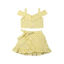 Pudcoco/ г. летняя желтая модная одежда в клетку для маленьких девочек укороченный топ с открытыми плечами+ юбочный наряд-пачка