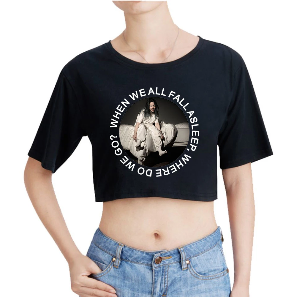

LUCKYFRIDAYF Billie Eilish Women Crop Top Fashion Summer Short Sleeve 100% Cotton T-shirt 2019 Hot Sale Streetwear Girl Tshirt