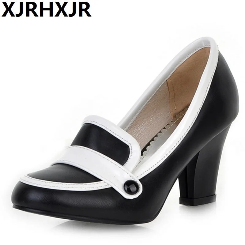

XJRHXJR Vintage Shoes Woman Fashion Thick Heels Casual Work Pumps Female Round Toe High Heels Big Size 34-43 Single Shoes