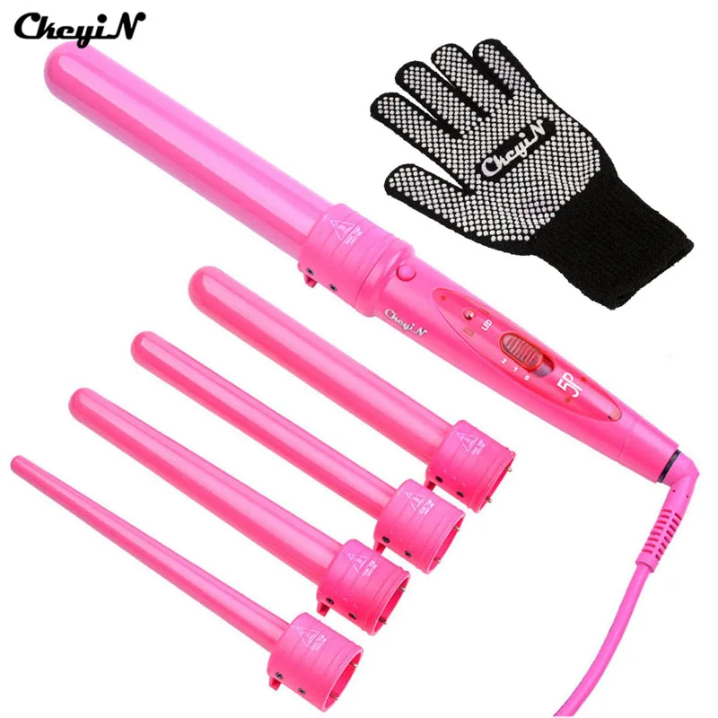 

5pcs Ceramic Wand Tongs Pro 5 in 1 Interchangeable Hair Curler Curling Iron Roller Curl Irons with Black Glove Curler Salon Tool
