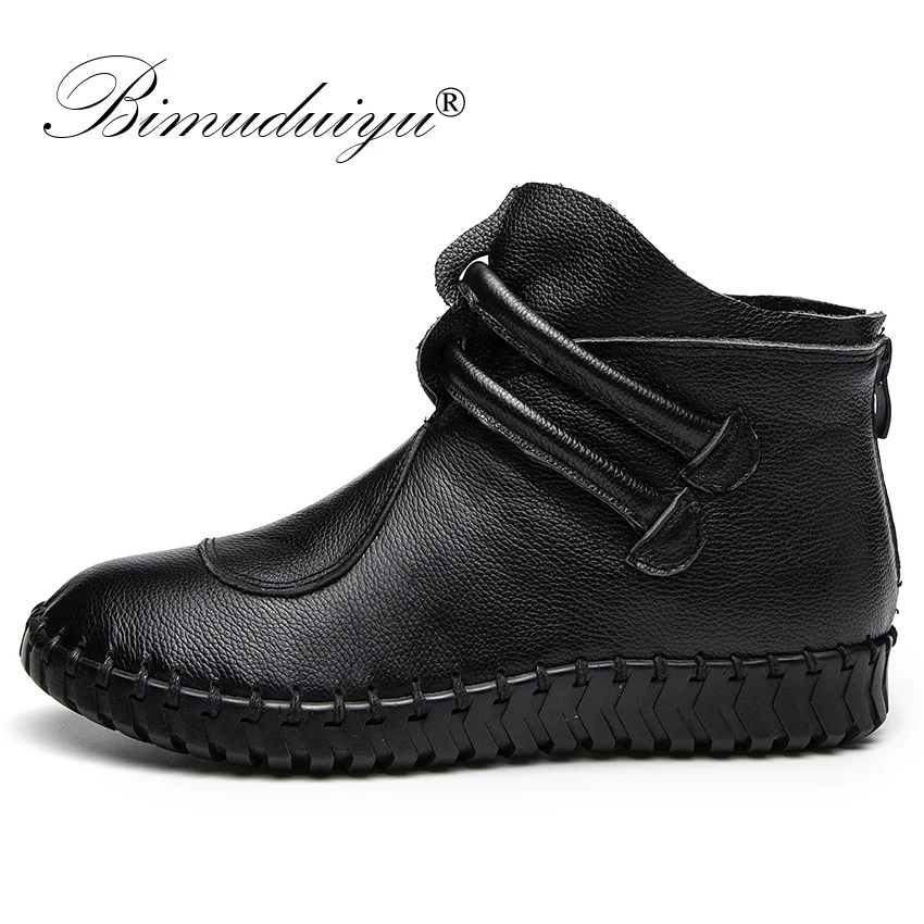 

BIMUDUIYU Ankle Boots For Women Black Genuine Leather Boots Women Heel Plush Winter Warm Boots Female Flat Shoes Plus Size 35-43