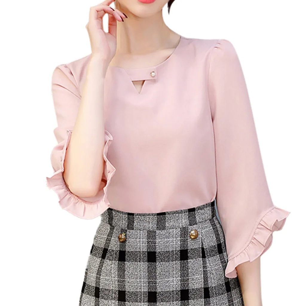 Women Chiffon Shirt2019 Women Summer Work Office V Neck Ruffles Sleeve Solid Chiffon Blouse Shirt Top
