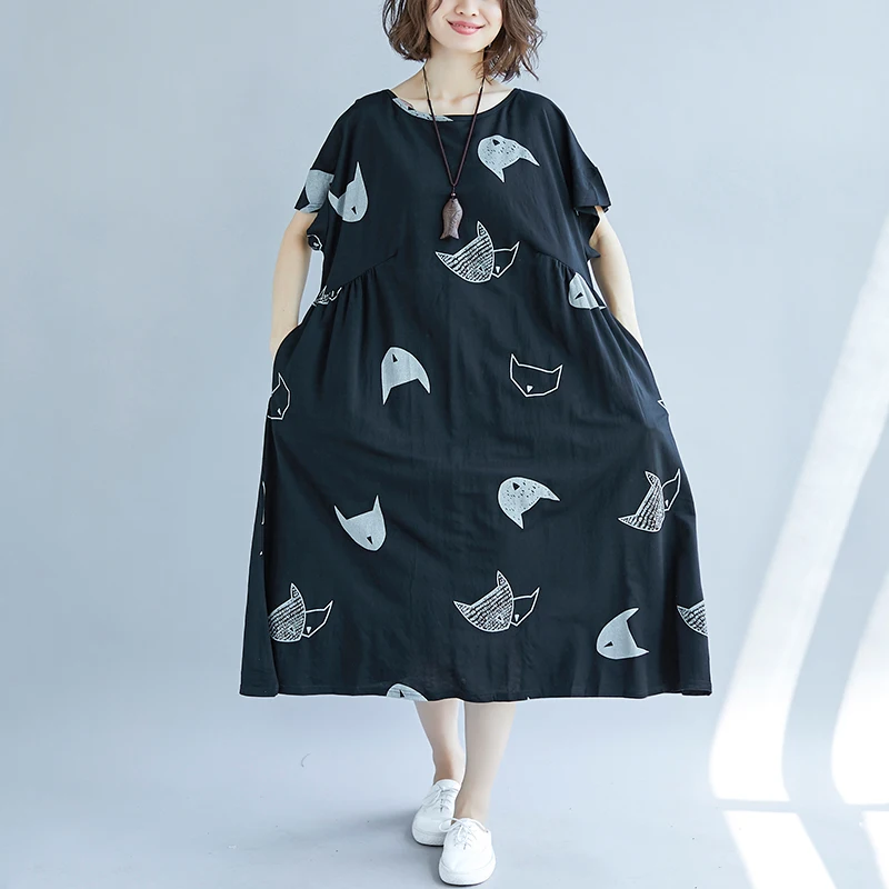 Oversize Summer Dress Plus Size Casual Cotton Linen Women Dress Elegant Cartoon Cat Print Long Maxi Beach Dresses 2019 Vintage5