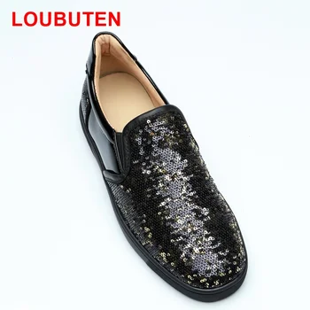 

LOUBUTEN Shinning Glitter Upper Slip On Casual Sneakers Men Black Round Toe Platform Breathable Shoes Plus Size Basic Mens Shoes