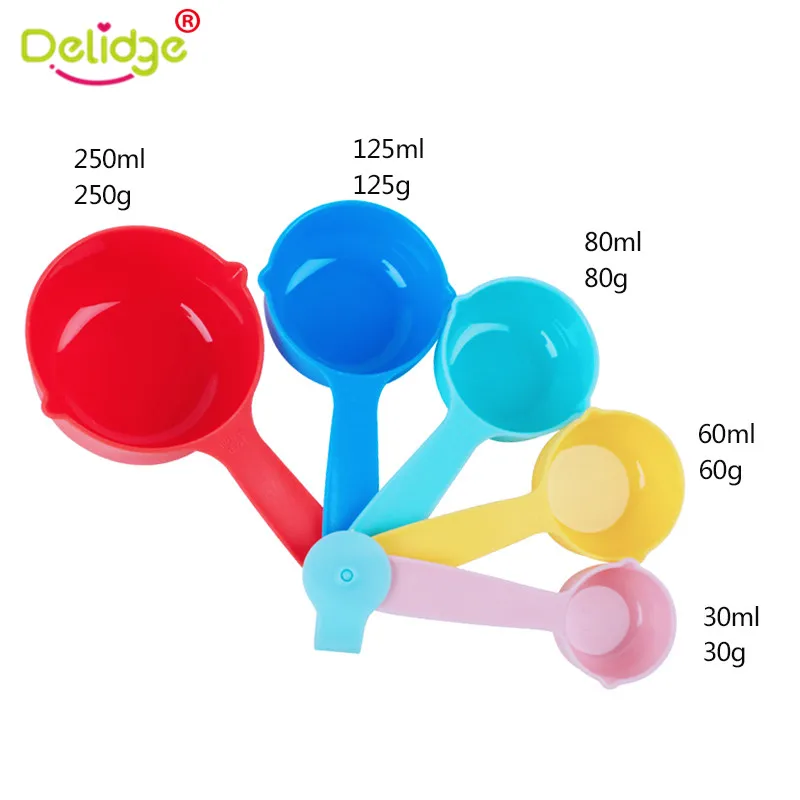 

Delidge 5pcs/set Measuring Cups Colorful Plastic (30/ 60 / 80/ 125/ 250ml) Measure Cups Seasoning Set Kitchen Cake Baking Tools