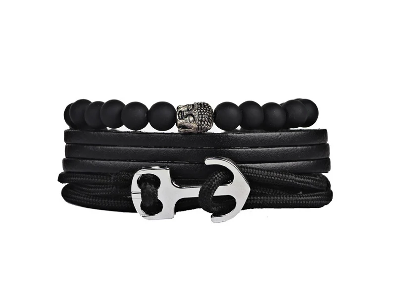 NIUYITID 3pcsset 2019 New Anchor Bracelet For Men Women Black Leather Jewelry Handmade Natural Stone Buddha Bead Bracelet Male  (3)