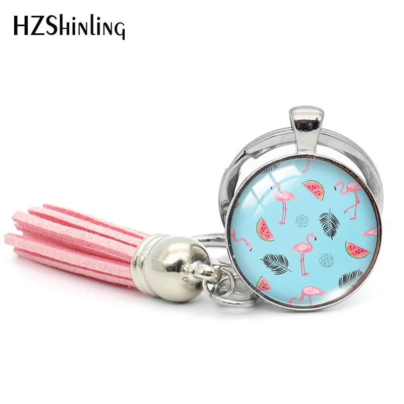 

2019 New Tropical Trendy Pattern Flamingos Tassel Keychain Leaves Flamingo Keychains Glass Dome Jewelry