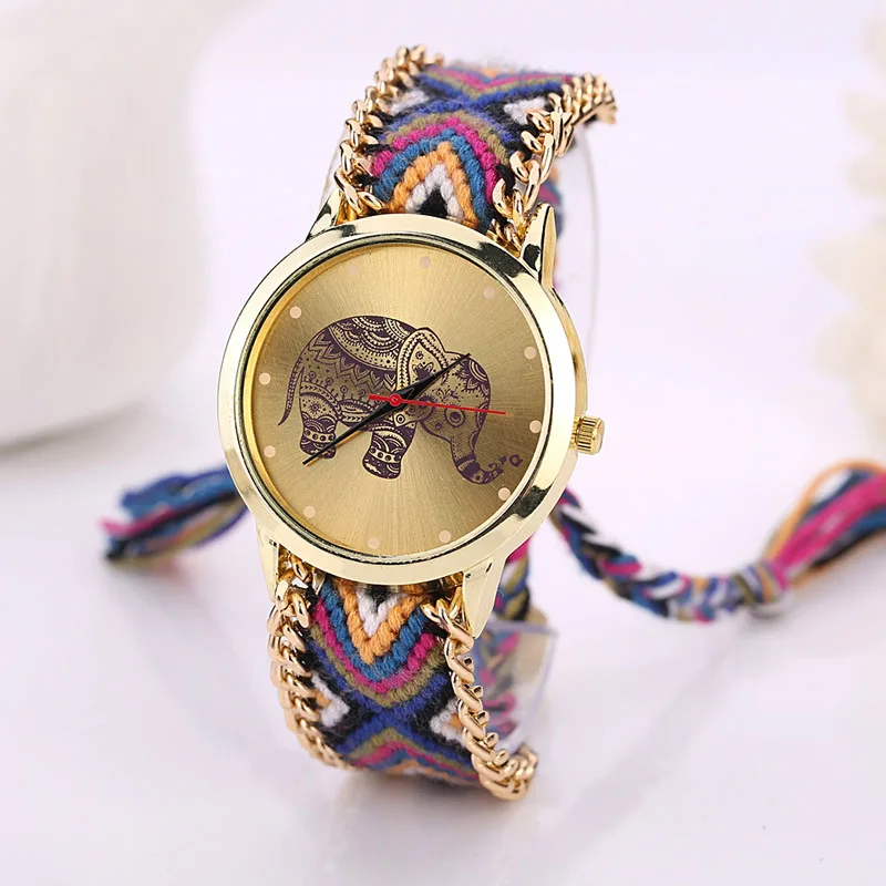 Рисунком Слона плетением Веревка Группа браслет кварц Dialwatch аналоговые кварцевые Для женщин часы-браслет