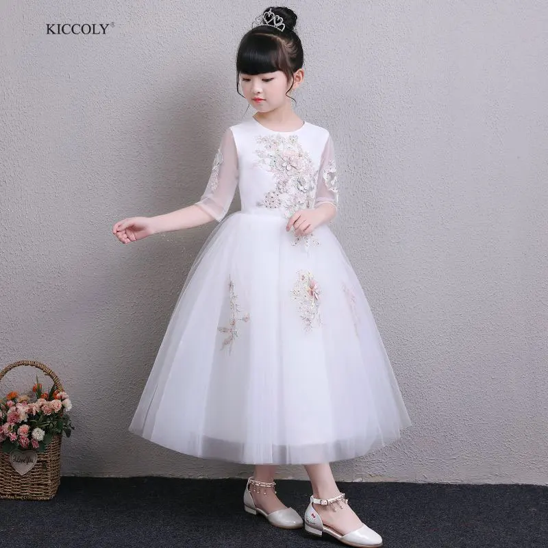 

KICCOLY 2018 Summer Children Dresses For Girls Kids Embroidery Beaded Princess Dress For Girl 1-14Y Lace Birthday Party Gown