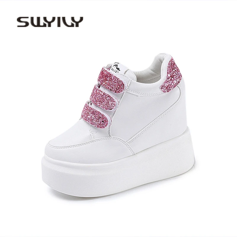 Женские кроссовки SWYIVY Белые Повседневные на платформе 12 см с блестками весну