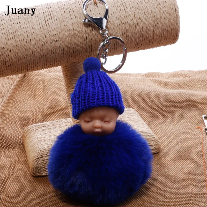 pompom key chain sleeping baby doll key chain pompom rabbit fur ball keychain car keyring women bag car pendant charm 1