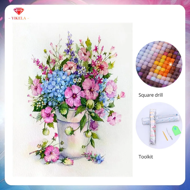 

YIKELA 5D Embroidery Diamond Painting Colorful Flowers Cross Stitch Square Rhinestone Mosaic Unfinished Home Decoration Gift Kit