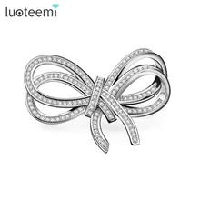 LUOTEEMI Moda Coreana Simple Delicado CZ Broche de Cristal Plateado del Oro Blanco Encantador Dulce Bowknot Collar Pin Broches para Las Mujeres