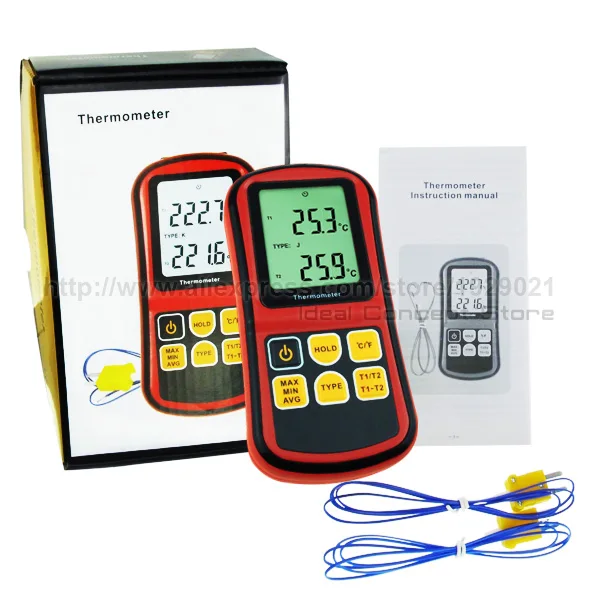 Цифровой K/J/T/E/R/S/N тип термопары термометр двухканальный ЖК-дисплей-150~ 1767degC ATC метр с точностью до+/-0.1%+ 0,6 degC