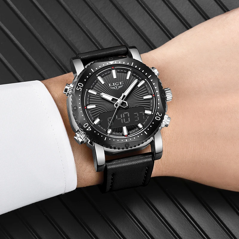 

LIGE Mens Watches Top Brand Luxury Men Sport Watch LED Display Leather Strap Quartz Wrish Watch Waterproof Relogio Masculino+Box