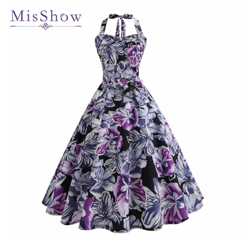 

MisShow Purple Color Summer Dress 2018 Halter Top Bow Sexy Women Dress Sleeveless Bodycon Vintage Dress Vestidos