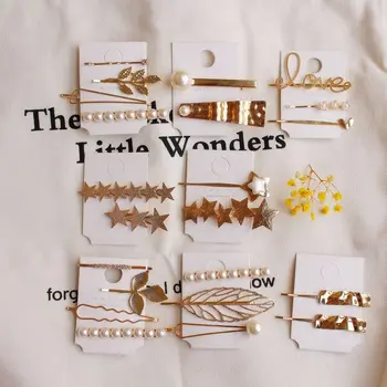 

1SET Korea Geometric Metal Hairpins Imitiation Pearl Star Leaf Shape Hair Clips Hair Accessories for Women Girls