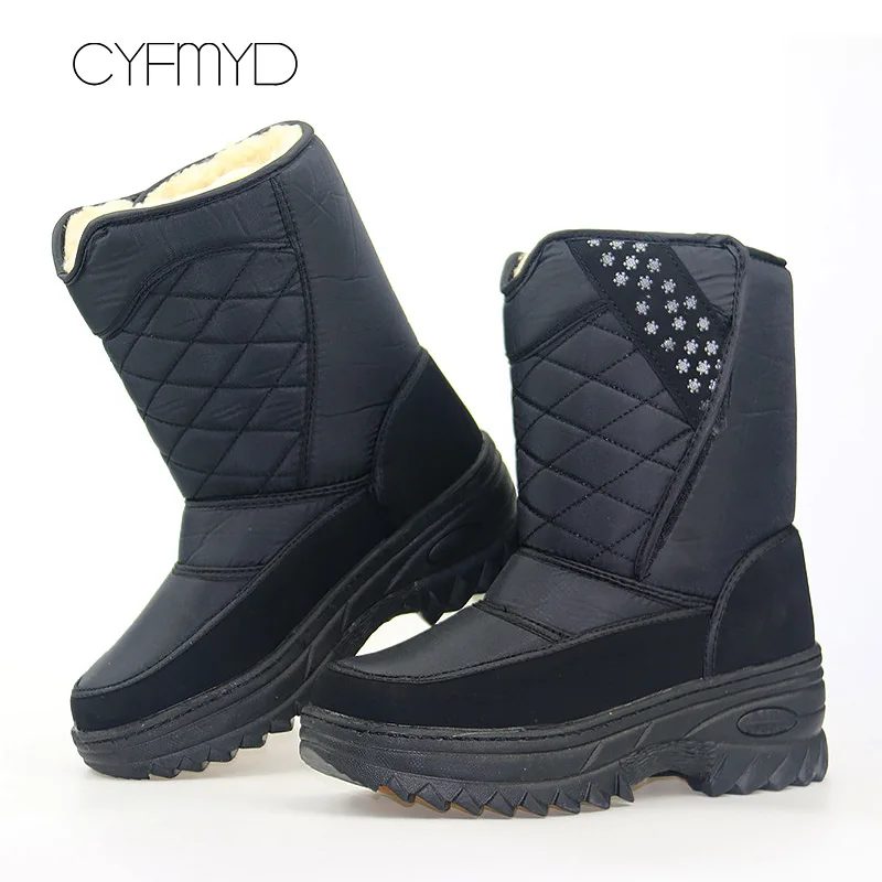 

Platform boots men winter with plush down hook & loop fashion snow boots men waterproof non-slip warm mid-calf boot