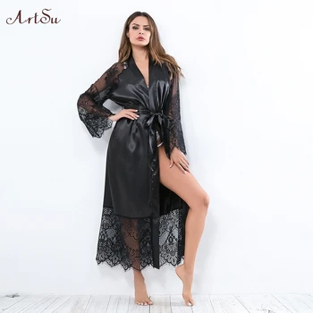 

ArtSu Lace Satin Sleep Robes Women Maxi Transparent Nightgowns Femme Long Sleeve Faux Silk Robe Lingerie Lounge Pijama ASDR60186