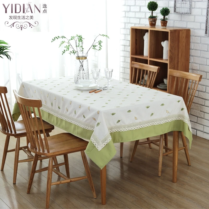 Fine Green Leaf Embroidery Cotton Tablecloth with Lace Edging Table